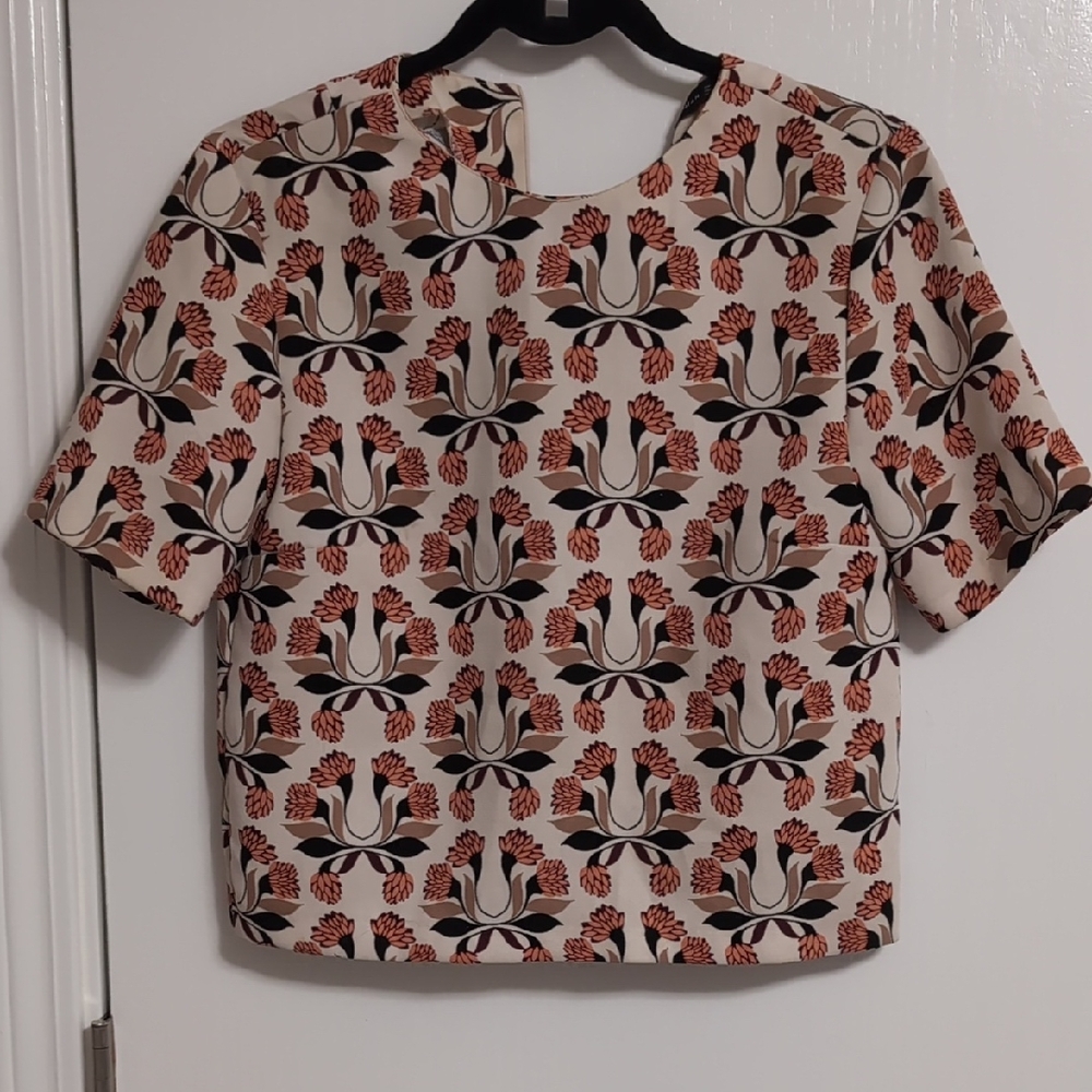 Zara Beige and Black Floral Blouse